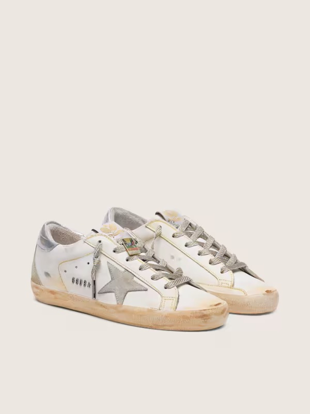 Golden Goose White Leather Sneakers with Silver Star and Distressed Sole